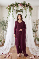 DEEP PURPLE Chiffon Embroidered 3Pc Suit (Unstitched)