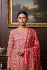 STRAWBERRY RED Khaddar Printed Suit with Khaddar Printed Dupatta 3pc Unstitched
