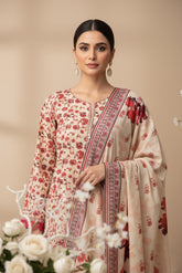 BASE BANANA YELLOW WITH RED PINK PRINT 3pc Premium Doria linen suit with linen dupatta (Unstitched)