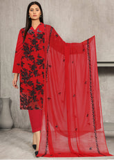 DEEP RED AND BLACK Chiffon Embroidered 3Pc Suit (Unstitched)
