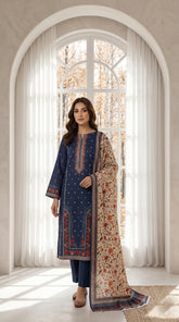 BLUE WITH MULTI PREMIUM DIGITAL PRINTED LAWN SUIT WITH VOILE DUPATTA 3Pc (Unstitched)