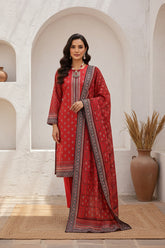 DARK RED BLACK & CREAM Premium Classic Lawn 3pc Suit with Light Weight Voile Dupatta (Unstitched)
