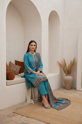 BLUE TURQUOISE & BROWN Premium Classic Lawn 3pc Suit with Light Weight Voile Dupatta (Unstitched)