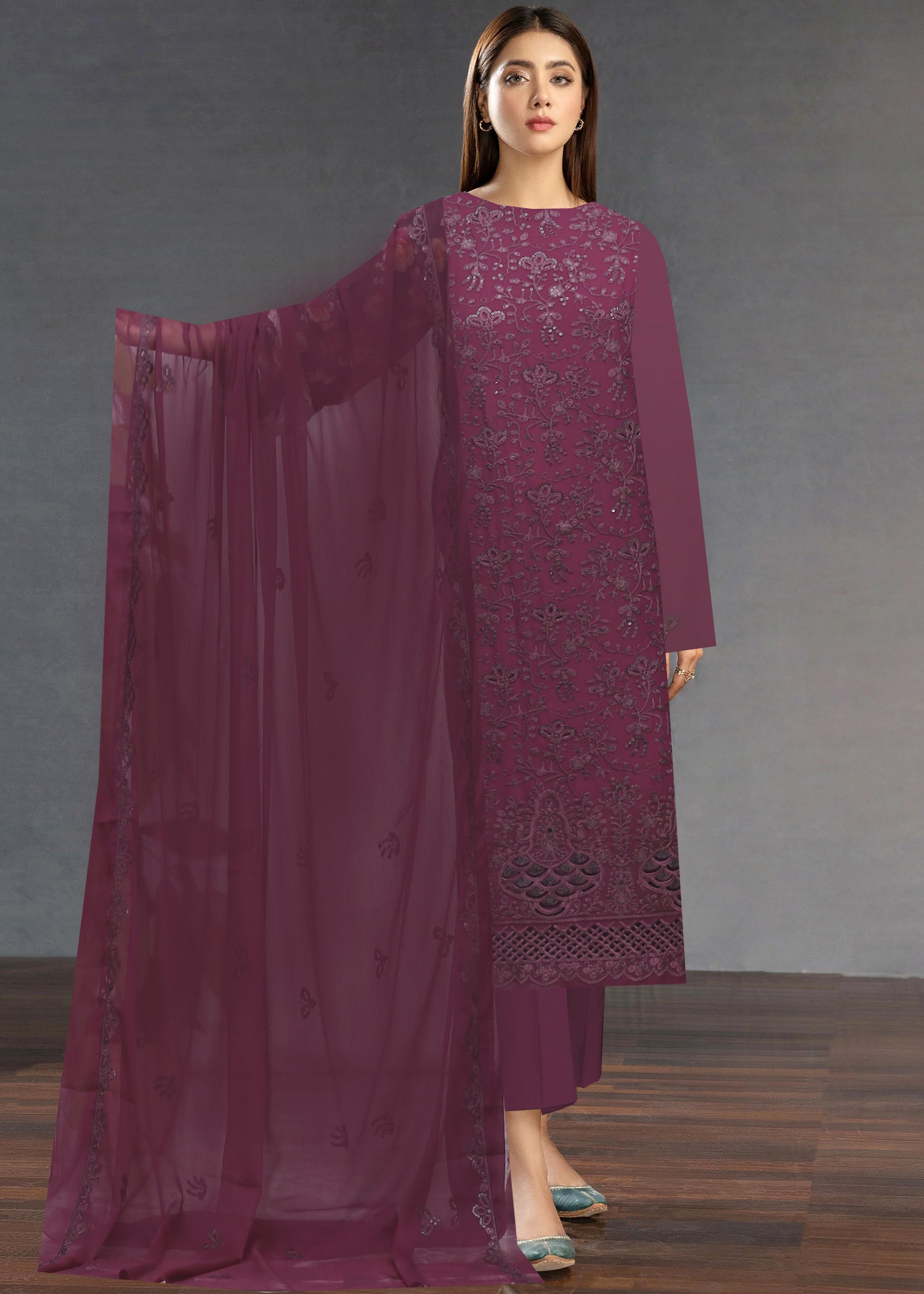 Marjaan Maroon - 3pc Ready to wear