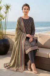 BLACK WITH MULTI PRINTED LAWN SUIT WITH VOILE DUPATTA 3Pc (Unstitched)