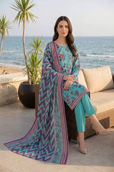 DARK TURQUOISE WITH MULTI PRINTED LAWN SUIT WITH VOILE DUPATTA 3Pc (Unstitched)