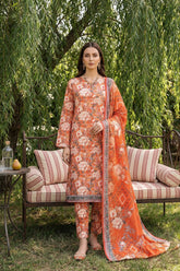 BRIGHT ORANGE WITH MULTI PRINT CAMBRIC LAWN SUIT WITH VOILE DUPATTA 3Pc (Unstitched)