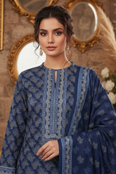 SPACE BLUE. 3Pc Premium Dhanak Printed Suits (Unstitched)