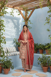 BASE PEACHY PINK WITH MULTI PRINT 3pc Premium Doria linen suit with linen dupatta (Unstitched)