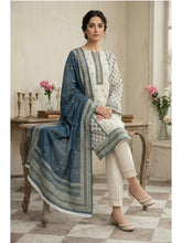 DEMINE BLUE IVORY & GREEN Printed 3Pc suit with Luxury Voile Dupatta(Unstitched)