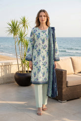 HONEYDEW WITH BLUE PURPLE PRINTED LAWN SUIT WITH VOILE DUPATTA 3Pc (Unstitched)