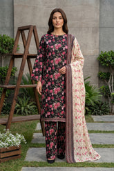 BLACK WITH MULTI PRINTED LAWN SUIT WITH VOILE DUPATTA 3Pc (Unstitched)