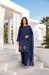 NAVY BLUE Chiffon Embroidered 3Pc Suit (Unstitched)