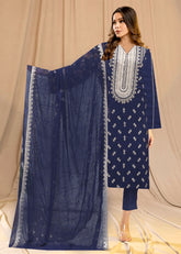 MIDNIGHT BLUE & Gold Chiffon Embroidered 3Pc Suit (Unstitched)
