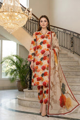 BASE CREAM WITH MULTI PRINT Printed Full Suit with Luxury ZARI Dupatta 3pc (Unstitched)