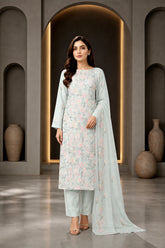 TEA GREEN WITH MULTI PRINT Chiffon Embroidered 3Pc Suit (Unstitched)