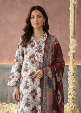 LIGHT CREAM & MAROON WITH MULTI PRINT CAMBRIC LAWN SUIT WITH VOILE DUPATTA 3Pc (Unstitched)