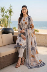 LIGHT GRAY WITH MULTI PRINTED LAWN SUIT WITH VOILE DUPATTA 3Pc (Unstitched)