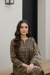 DARK & LIGHT GREEN WITH PEACH MULTI PRINT Premium Lawn Full Suit 3pc Suit (Unstitched)