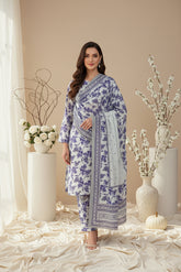 BASE MOHAIR SOFT BLUE WITH PURPLE PRINT 3pc Premium Doria linen suit with linen dupatta (Unstitched)