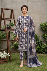 DARK PURPLE BLUE PRINTED LAWN SUIT WITH VOILE DUPATTA 3Pc (Unstitched)