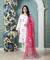WHITE FLORAL & BARBIE PINK WITH MULTI Digital Printed 3Pc suit with Luxury Voile Dupatta(Unstitched)