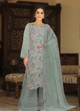 PISTACHIO GREEN & PEACH Chiffon Embroidered 3Pc Suit (Unstitched)