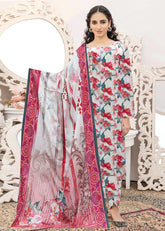 OFF WHITE CARROT RED AND PEACH 3pc Premium linen suit with linen dupatta (Unstitched)