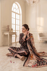 MULTI FLORAL PRINT WITH BLACK PRINTED LAWN SUIT WITH VOILE DUPATTA 3Pc (Unstitched)