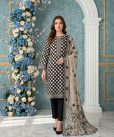 BLACK & CREAM Digital Printed 3Pc suit with Luxury Voile Dupatta(Unstitched)