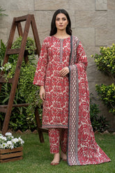 RED & IVORY PRINTED LAWN SUIT WITH VOILE DUPATTA 3Pc (Unstitched)
