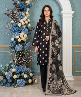 BLACK & CREAM Digital Printed 3Pc suit with Luxury Voile Dupatta(Unstitched)