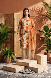 GOLDEN BEIGE WITH MULTI PRINT Digital Printed 3Pc suit with Luxury Voile Dupatta(Unstitched)