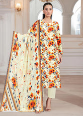 CREAM RUST AND ORANGE 3pc Premium Doria linen suit with linen dupatta (Unstitched)
