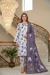 WHITE & PURPLE HAZE WITH MULTI PRINT Printed Full Suit with Luxury ZARI Dupatta 3pc (Unstitched)