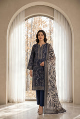 BLUE WITH BEIGE & GRAY Digital Printed Premium Lawn 3pc Suit (Unstitched)