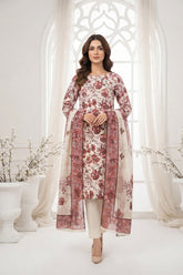 ROSE, WHITE WITH WINE Digital Printed 3Pc suit with Luxury Voile Dupatta(Unstitched)