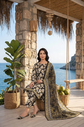 BLACK WHITE WITH LIME YELLOW PRINTED LAWN SUIT WITH VOILE DUPATTA 3Pc (Unstitched)