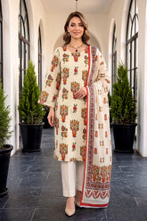 DARK CREAM WITH MULTI Premium Digital Lawn 3pc Suit with Light Weight Digital VOILE Dupatta (Unstitched)