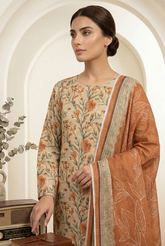 LIGHT IVORY WITH PASTEL ORANGE & GREEN Printed Premium Lawn Full Suit 3pc Suit (Unstitched)