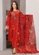 RED FLORAL WITH MULTI PRINT Digital Printed 3Pc suit with Luxury Voile Dupatta(Unstitched)
