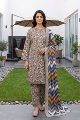 BLUE GOLDEN & WHITE DIGITAL PRINTED PREMIUM LAWN SUIT WITH FINE LAWN DUPATTA 3Pc (Unstitched)