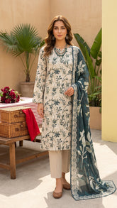 OFF WHITE & BOTTLE GREEN Premium Swiss Voile 3 PC Printed Suit (Unstitched)