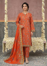BRIGHT ORANGE WITH MULTI PRINT CAMBRIC LAWN SUIT WITH VOILE DUPATTA 3Pc (Unstitched)