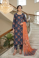 COBALT BLUE ORANGE & HOT PINK Printed Full Suit with Luxury ZARI Dupatta 3pc (Unstitched)