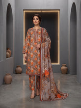 BASE ASH GRAY WITH ORANGE BROWN PRINTED LAWN SUIT WITH VOILE DUPATTA 3Pc (Unstitched)