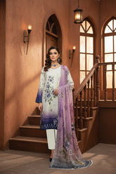 TEA GREEN & LAVENDER WITH MULTI PRINT Premium Classic Lawn 3pc Suit with Light Weight Voile Dupatta (Unstitched)
