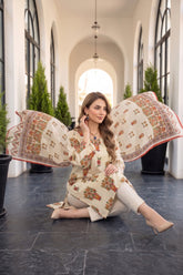 DARK CREAM WITH MULTI Premium Digital Lawn 3pc Suit with Light Weight Digital VOILE Dupatta (Unstitched)