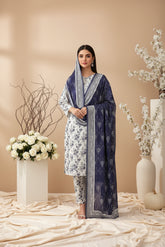 BASE WHITE WITH PURPLE PRINT 3pc Premium Doria linen suit with linen dupatta (Unstitched)