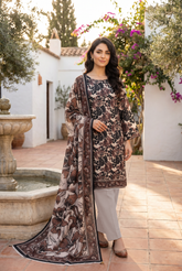 IVORY WITH BLACK BROWN Bana Dora Lawn Shirt with Plain dyed Trouser with Luxury Lawn Voile Dupatta 3Pc.(Unstitched)